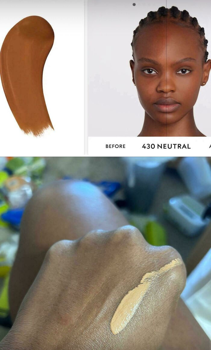 A woman showing off-color foundation, highlighting infuriating marketing practices regarding product matching.