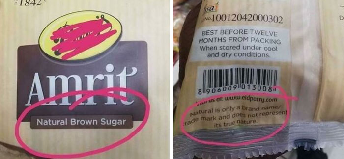 Marketing practices for Amrit Natural Brown Sugar, with a disclaimer stating 'Natural' is just a brand name, infuriating people.