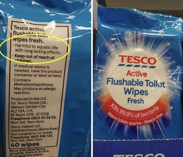 A product label highlighting harmful marketing practices and environmental impact concerns of flushable toilet wipes.