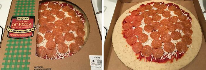 A side-by-side comparison of a packaged pizza in a box and the pizza itself, revealing much less pepperoni than suggested, a common marketing practice that infuriates customers.
