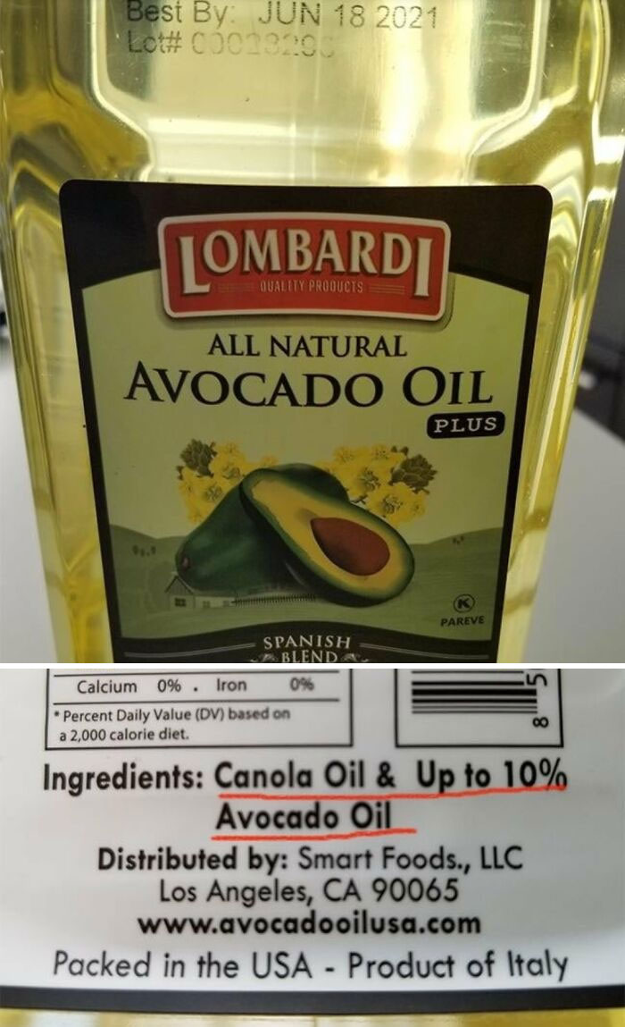 Lombardi Avocado Oil bottle labeled all natural, yet contains only up to 10% avocado oil, infuriating marketing practices.