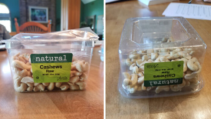 A split image shows a container of cashews. The first view is upright, the second is upside down, highlighting misleading marketing practices.