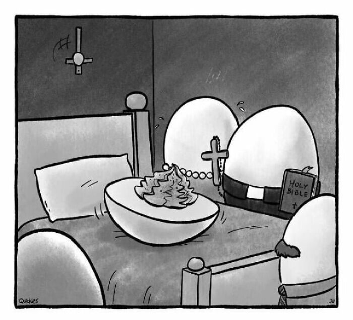 A cartoon of a priest egg performing an exorcism on a possessed egg, a very dumb pun.