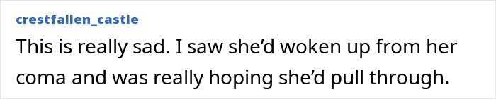 Screenshot of a comment from 'crestfallen_castle' expressing sadness over Bonnie Tyler's passing following a medical emergency. Screenshot of a comment from 'crestfallen_castle' expressing sadness over Bonnie Tyler's passing following a medical emergency.