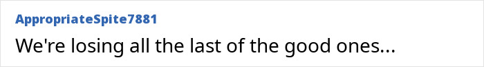 Screenshot of online comment, 'We're losing all the last of the good ones...' about Bonnie Tyler's passing. Screenshot of online comment, 'We're losing all the last of the good ones...' about Bonnie Tyler's passing.