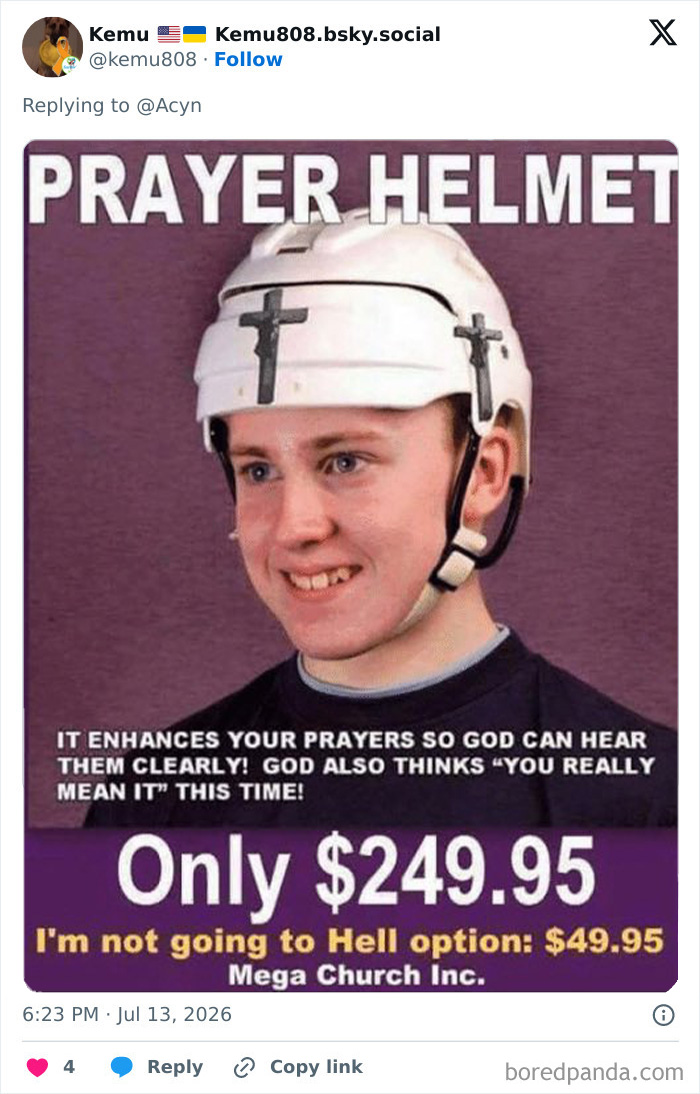 Young man wearing a white prayer helmet with crosses, advertised for enhanced prayers and hilarious mockery.