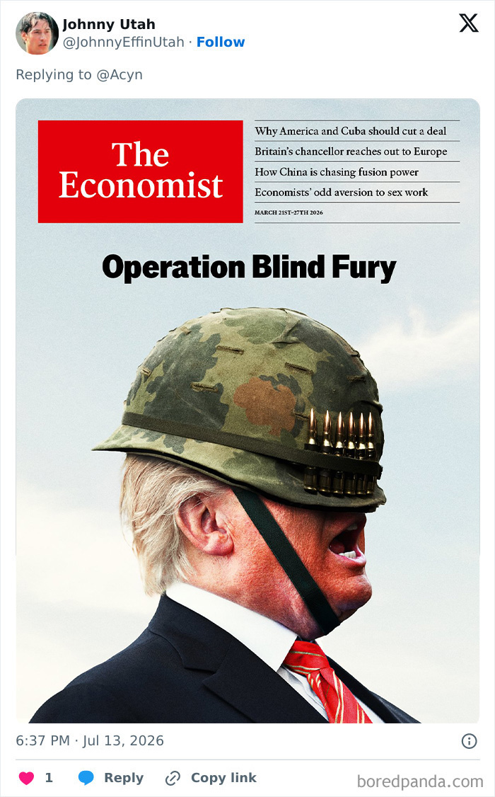 Trump in a military-style special helmet with bullets, generating mockery. Featured on The Economist cover.