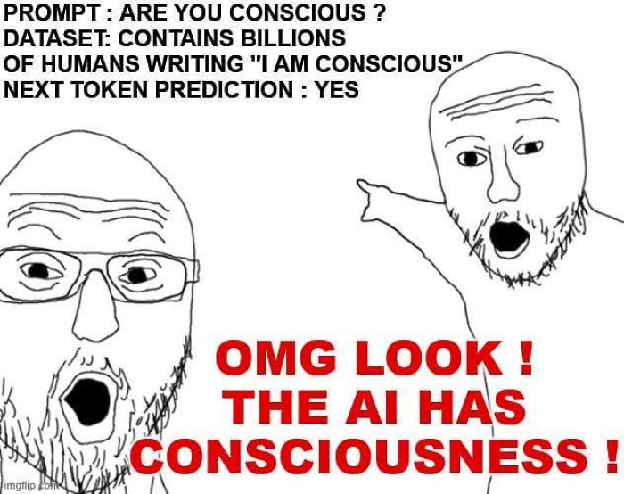 A funny AI meme with two wojak characters, discussing AI consciousness based on data, ridiculing AI perception.