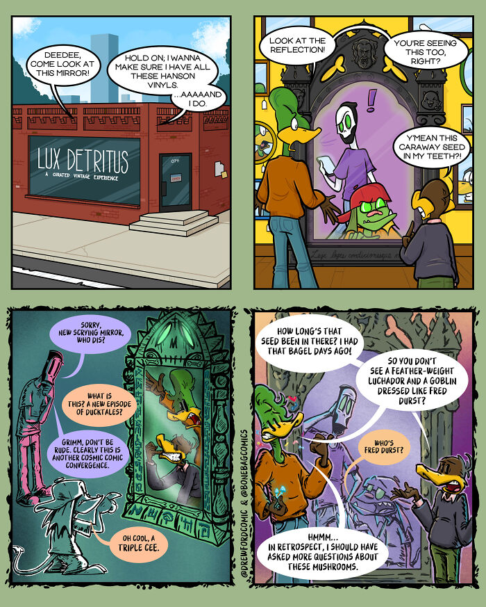 A comic showing the absurd daily life of a necromancer and his assistant looking into a magical mirror and reflections.