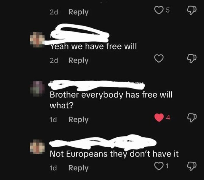 A screenshot of a comment section with a user claiming Europeans dont have free will, illustrating American confusion.