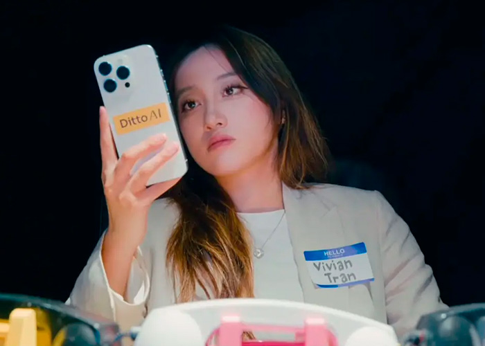 A woman named Vivian Tran with a Hello! nametag looking at her phone with Ditto AI written on it. This image relates to a new dystopian dating method taking over California colleges. A woman named Vivian Tran with a Hello! nametag looking at her phone with Ditto AI written on it. This image relates to a new dystopian dating method taking over California colleges.