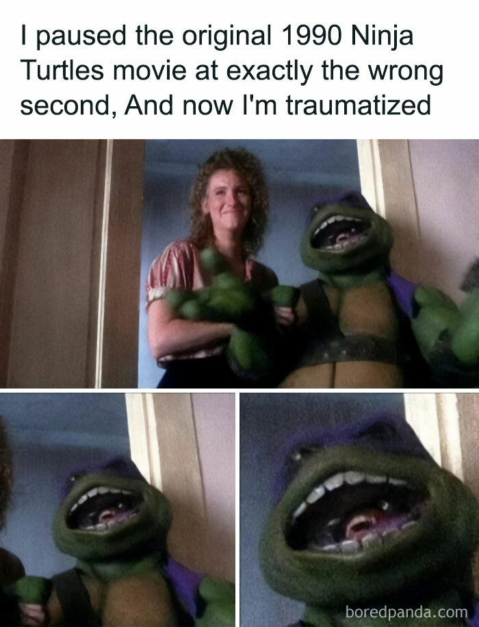 A meme showing a paused scene from the 1990 Ninja Turtles movie with a creepy facial expression on a turtle, celebrating the superior decades of the 80s and 90s.