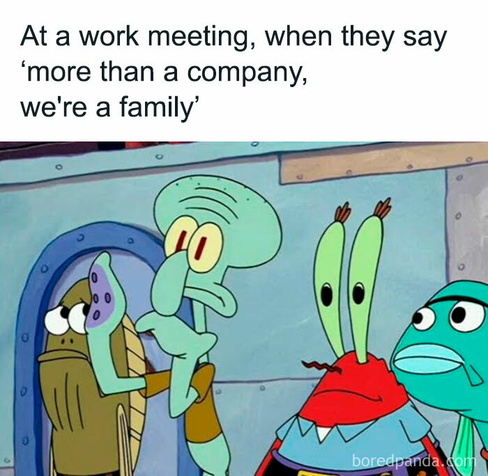 A weird meme from Spongebob Squarepants showing Squidward and Mr. Krabs at a meeting.