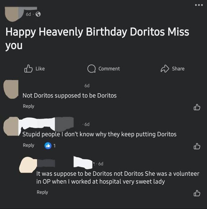 A funny social media post by an elderly person wishing a 'Happy Heavenly Birthday Doritos' instead of the intended person.
