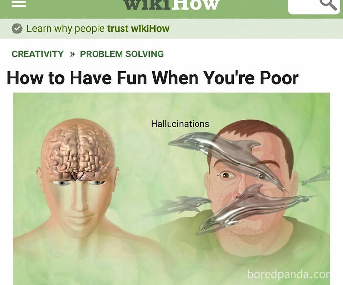 A WikiHow article titled How to Have Fun When You're Poor, with a weird meme of a man hallucinating dolphins.