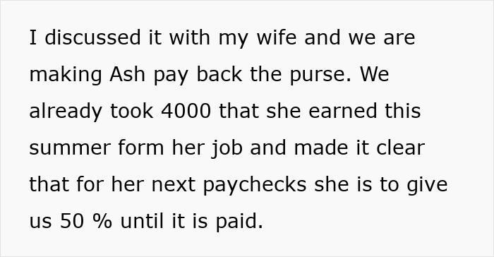 Text explaining a father making his 15YO stepsister pay back for slashing a designer purse. Text explaining a father making his 15YO stepsister pay back for slashing a designer purse.