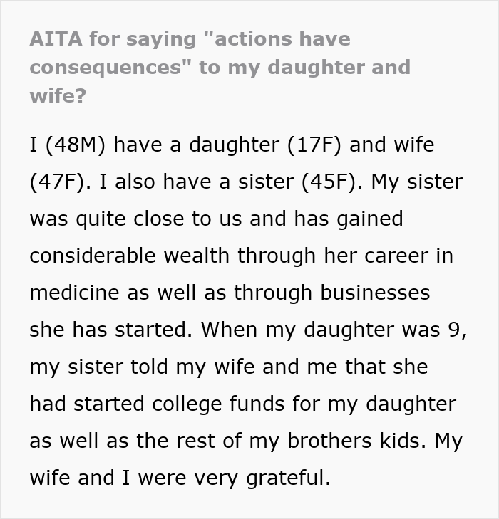 Screenshot of an online post detailing a daughter losing a college fund after calling her aunt a homewrecker. Screenshot of an online post detailing a daughter losing a college fund after calling her aunt a homewrecker.
