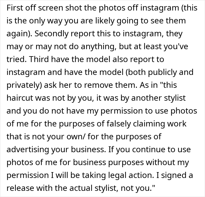 A screenshot showing advice for a woman who trusted an older friend, suggesting reporting photo misuse on Instagram.