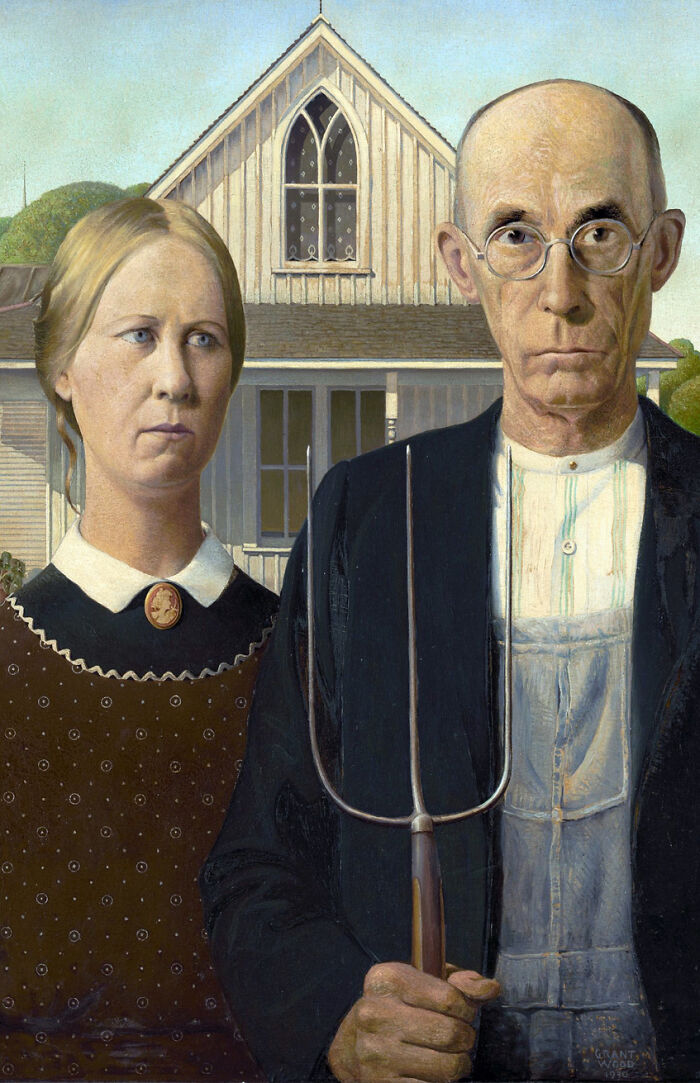 A reimagined masterpiece showing American Gothic couple from behind, with a UFO in the sky, a fascinating artwork.