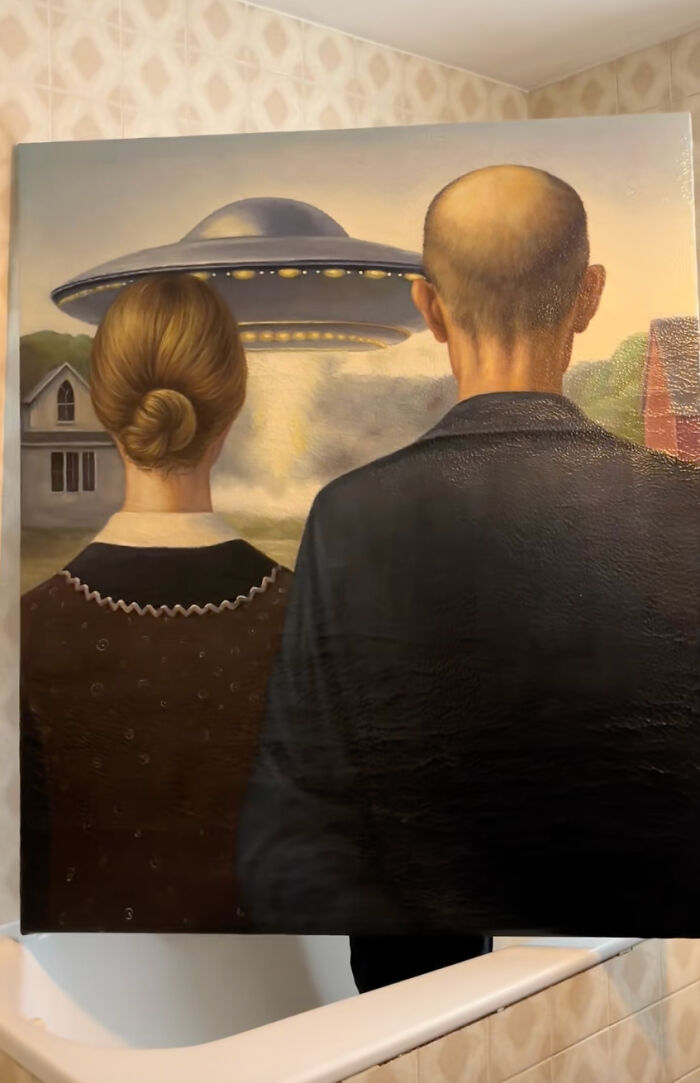 A reimagined masterpiece showing American Gothic couple from behind, with a UFO in the sky, a fascinating artwork.