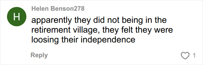 Helen Benson278 comment on elderly couple losing independence in retirement village. Helen Benson278 comment on elderly couple losing independence in retirement village.