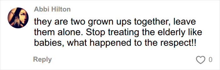 A comment advocating respect for the elderly couple, stating they are grown-ups and should be left alone after escaping. A comment advocating respect for the elderly couple, stating they are grown-ups and should be left alone after escaping.