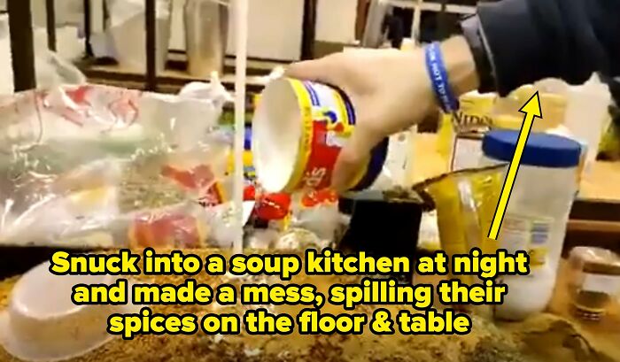 Someone making a mess in a soup kitchen at night, spilling spices; a person who thinks they are the main character.
