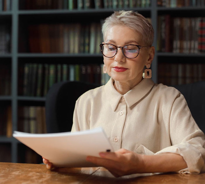 A senior woman in glasses reads documents at a table, representing the reading of a great-grandma's will. A senior woman in glasses reads documents at a table, representing the reading of a great-grandma's will.