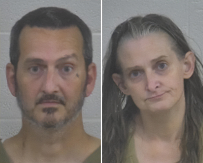 Two mugshots side-by-side: a man with a beard and a woman with long grey hair, both with serious expressions, for stupid arrests.
