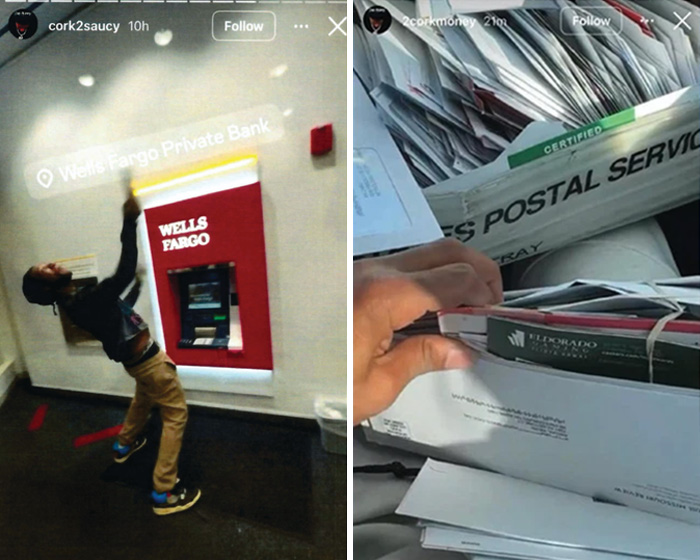 Screenshot of social media posts showing a man at an ATM and large boxes of mail, depicting stupid arrests.