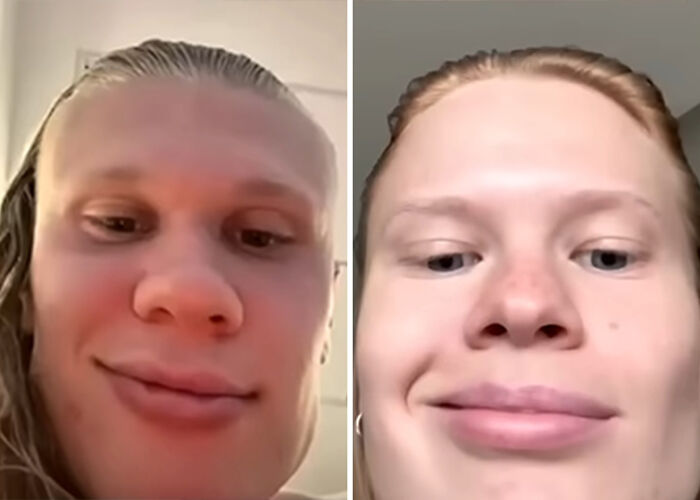 Erling Haaland funny memes with exaggerated facial features, responding to internet humor.