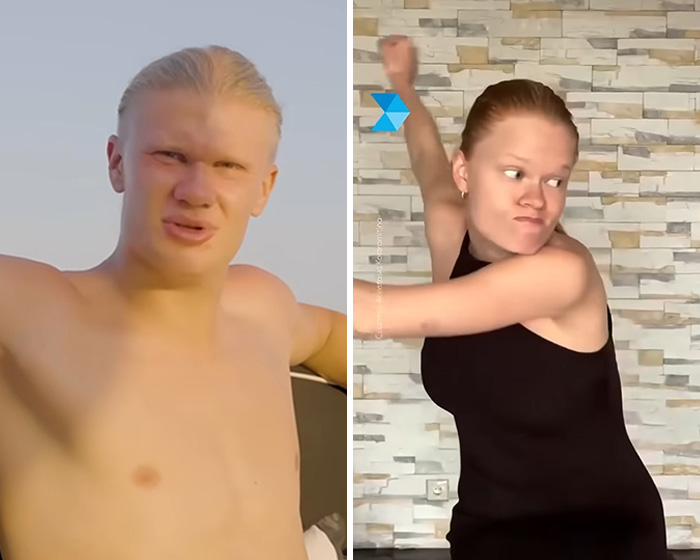 Erling Haaland reacts to funny internet memes, with a split image showing him and a woman mimicking his pose.