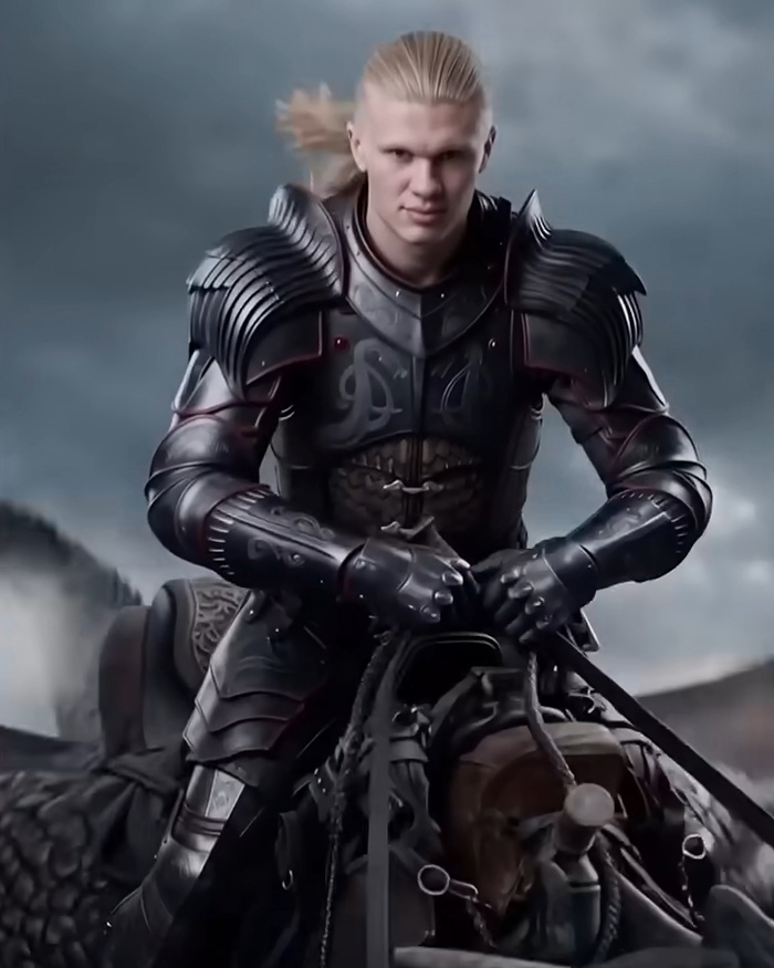 Erling Haaland in full knight's armor on horseback, responding to funny memes about him.