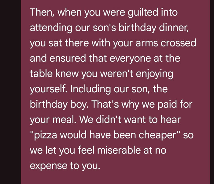A message detailing a mom's bad attitude at her son's birthday dinner after finding his lost $6K. A message detailing a mom's bad attitude at her son's birthday dinner after finding his lost $6K.