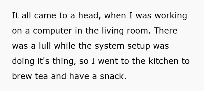 Screenshot of text describing a person working on a computer and going to the kitchen, leading to the mom framing her son. Screenshot of text describing a person working on a computer and going to the kitchen, leading to the mom framing her son.
