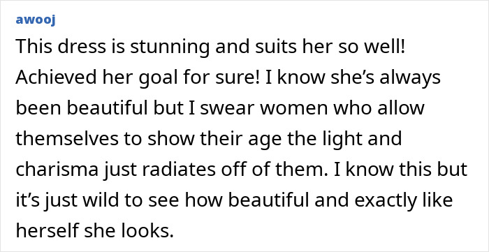 A screenshot of a viral social media comment praising the 61-year-old model's stunning wedding photos and how she aged.