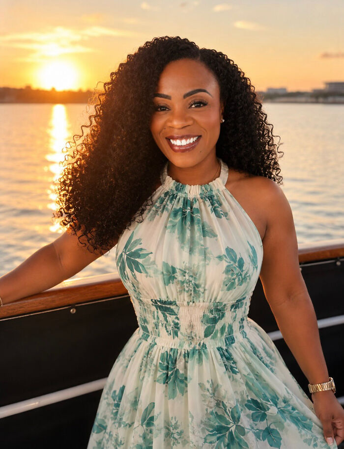 A smiling woman with curly hair on a boat at sunset, sharing surprising facts that dont match her appearance.