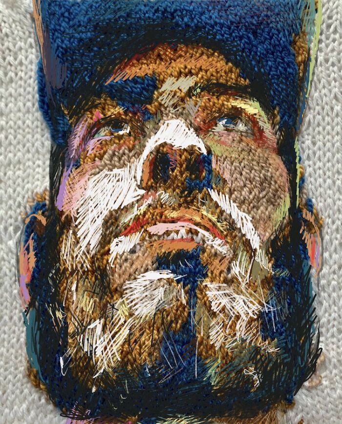 A man with a beard and a blue hat, looking up, created using traditional knitting and modern art techniques.
