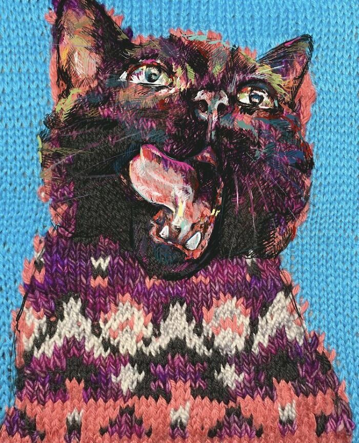 A black cat with its mouth open, wearing a patterned sweater, created with traditional knitting and modern art.