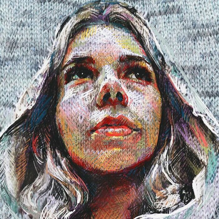 A stunning portrait of a woman looking up, created by an artist blending traditional knitting with modern art.
