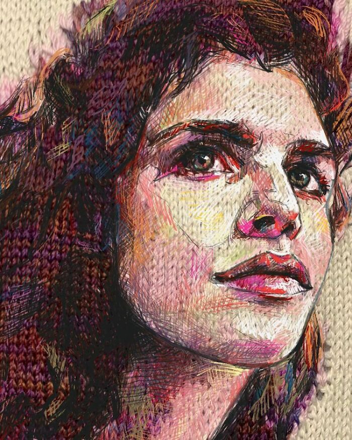 Stunning modern art portrait of a woman's face, meticulously crafted using traditional knitting techniques.