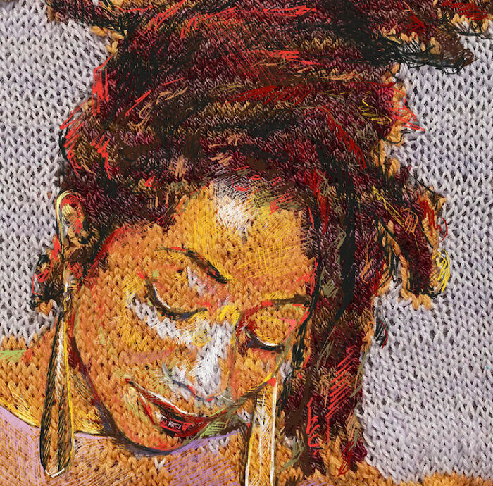 A woman with red dreadlocks and closed eyes, depicted through traditional knitting and modern art.