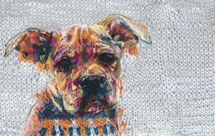 A colorful dog with floppy ears, wearing a patterned sweater, made with traditional knitting and modern art.