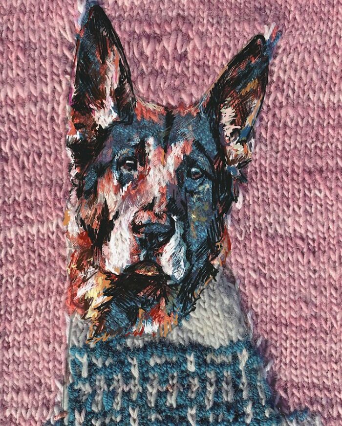 Stunning portrait of a dog created by blending traditional knitting with modern art, showcasing artistic skill.