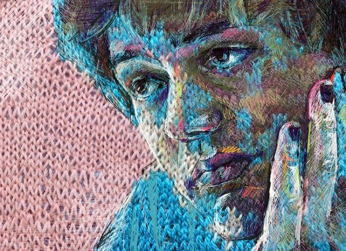 Modern art portrait of a woman's face, blending traditional knitting techniques with contemporary artistic styles.