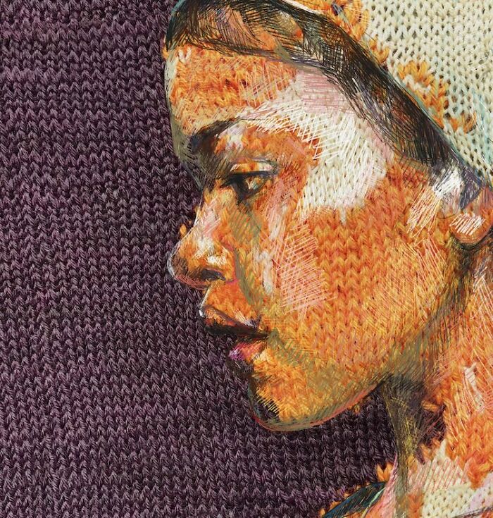 Traditional knitting meets modern art in this stunning portrait of a woman's profile, showcasing unique artistic talent.
