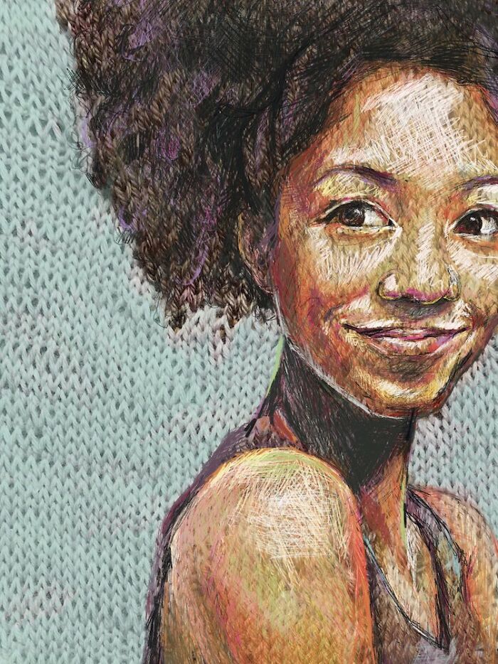 Artistic portrait of a smiling woman, a creative blend of traditional knitting and modern art.