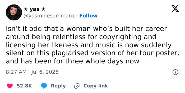 A fan's tweet about Taylor Swift's disappointment regarding her copyrighted work. A fan's tweet about Taylor Swift's disappointment regarding her copyrighted work.