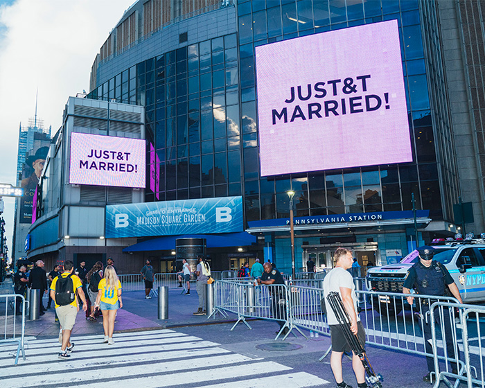 Fans disappointed by Donald Trump trolling Taylor Swift during her wedding, a sign outside Madison Square Garden says Just&T Married! Fans disappointed by Donald Trump trolling Taylor Swift during her wedding, a sign outside Madison Square Garden says Just&T Married!