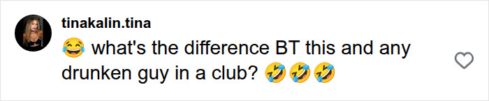 Screenshot of a fan comment from tinakalin.tina asking, what's the difference BT this and any drunken guy in a club? reacting to Bad Bunny's steamy dance move. Screenshot of a fan comment from tinakalin.tina asking, what's the difference BT this and any drunken guy in a club? reacting to Bad Bunny's steamy dance move.